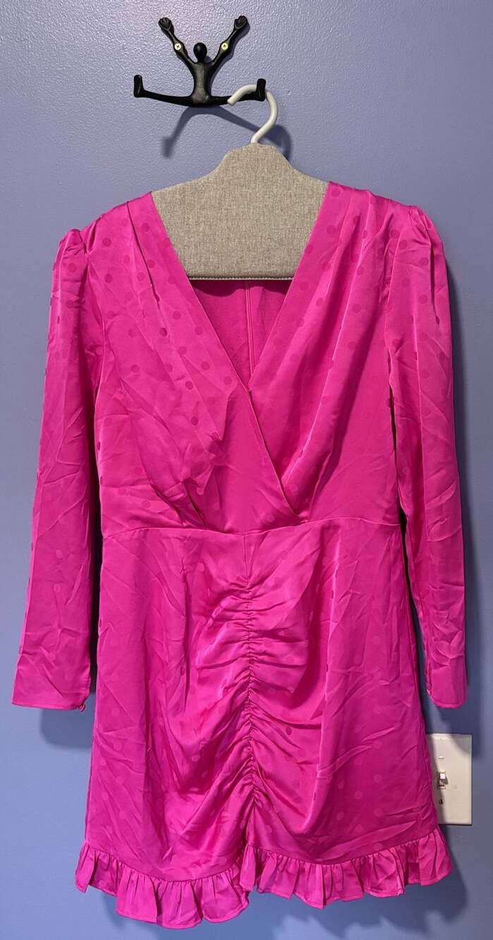 WAYF Phoenix Mini Dress Size L Magenta Jacquard Satin Polka Dot